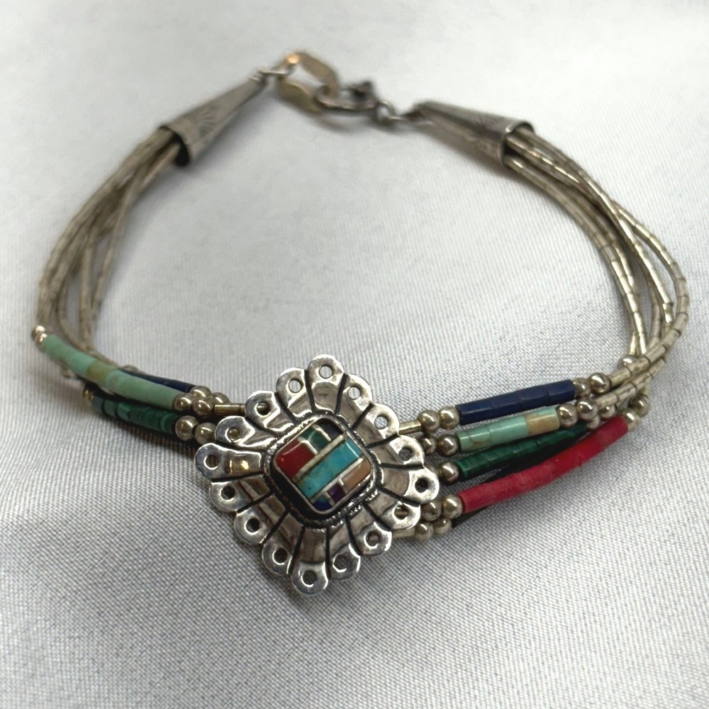 Vintage Sterling Silver Liquid Silver Bracelet Womens 7.25 In Multi Gemstone EX